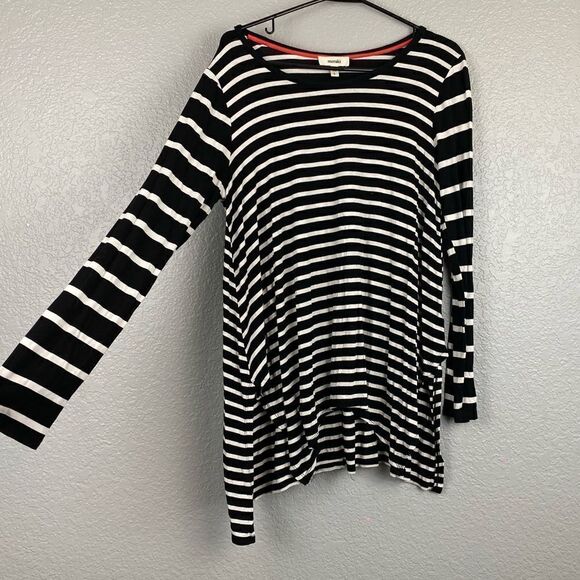 Meraki Womens Striped Scoop Neck Long Sleeve Hi-Low Hem Pullover Tee Black Large - Picture 2 of 7